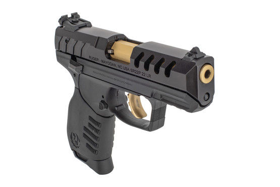 Ruger SR22 .22LR pistol with adjustable rear sight and gold accents